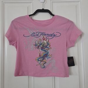 Ed Hardy Pink Dragon Crop Tee Women's Medium